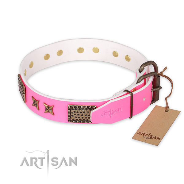 Reliable buckle on full grain leather collar for your attractive four-legged friend