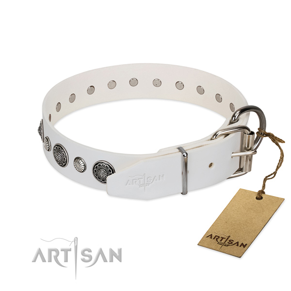 Reliable Full grain natural leather dog collar with corrosion resistant hardware