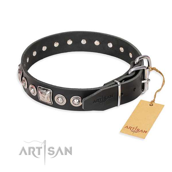 Full grain natural leather dog collar made of soft to touch material with durable decorations