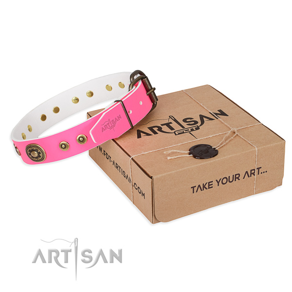 Natural genuine leather dog collar made of quality material with durable traditional buckle