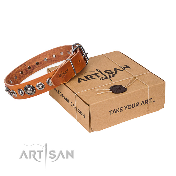 Natural genuine leather dog collar made of flexible material with rust resistant fittings