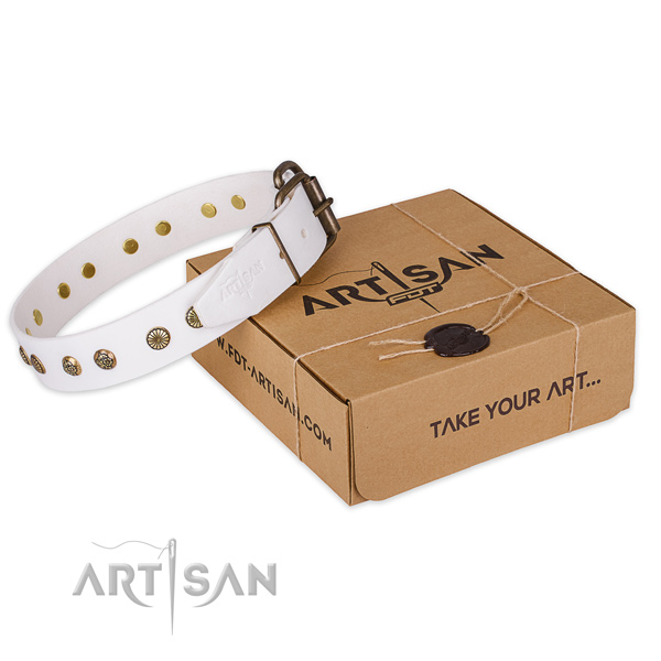 Corrosion resistant D-ring on full grain genuine leather collar for your beautiful doggie