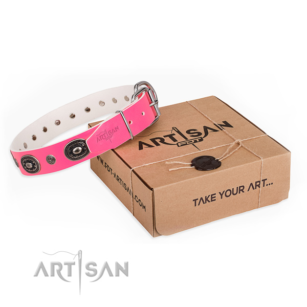 Gentle to touch full grain natural leather dog collar handcrafted for fancy walking