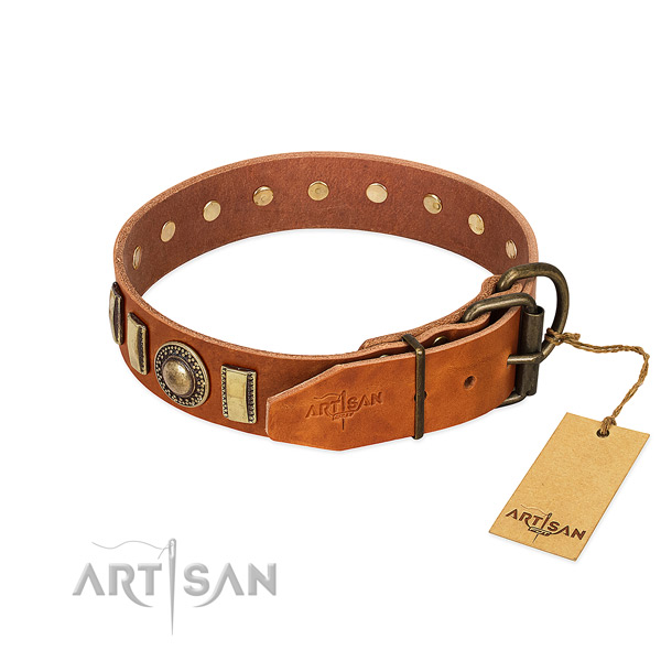 Easy adjustable full grain natural leather dog collar with corrosion resistant fittings