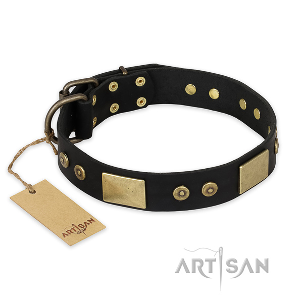 Decorated full grain genuine leather dog collar for walking