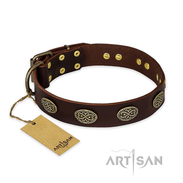 Easy wearing natural genuine leather dog collar with rust-proof D-ring