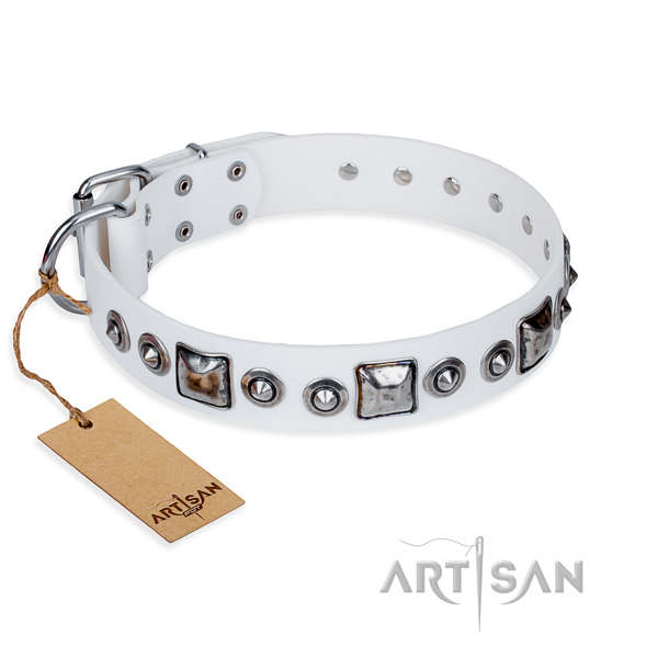 Genuine leather dog collar made of soft to touch material with durable D-ring
