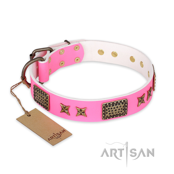 Fashionable full grain genuine leather dog collar with rust resistant D-ring