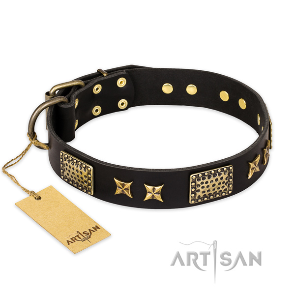 Easy to adjust full grain genuine leather dog collar with corrosion resistant buckle