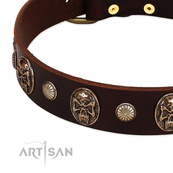 Full grain natural leather dog collar with decorations for handy use