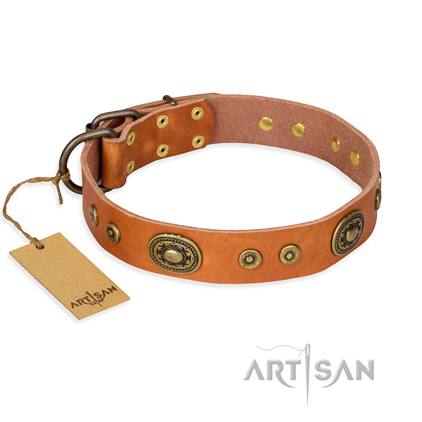 Full grain natural leather dog collar made of gentle to touch material with durable hardware