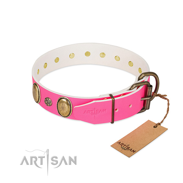 Soft natural leather dog collar with adornments