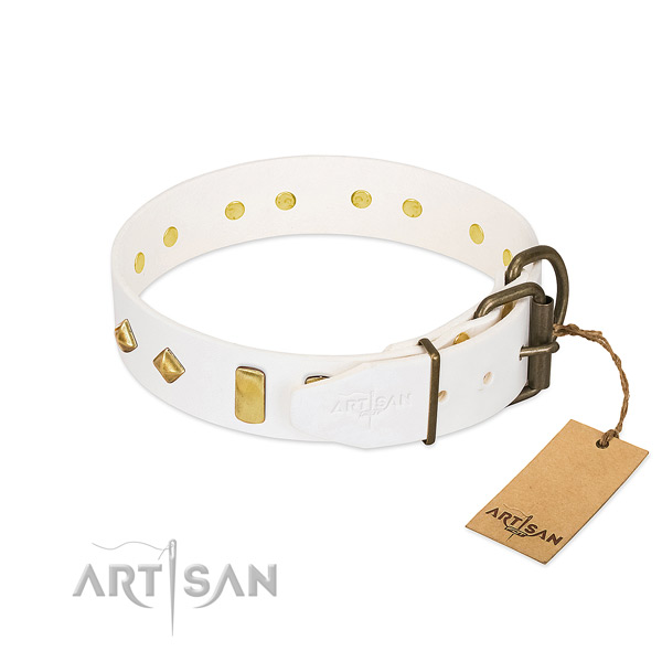 Soft to touch natural leather dog collar with corrosion resistant traditional buckle