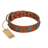 "Blue Sands" FDT Artisan Tan Leather Great Dane Collar with Silver-like Studs and Round Conchos with Stones
