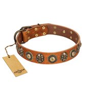 "Golden Epoch" FDT Artisan Tan Leather Great Dane Collar with Old Bronze-plated Medallions and Conchos