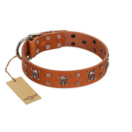 "Rebellious Nature" FDT Artisan Tan Leather Great Dane Collar Embellished with Crossbones and Square Studs