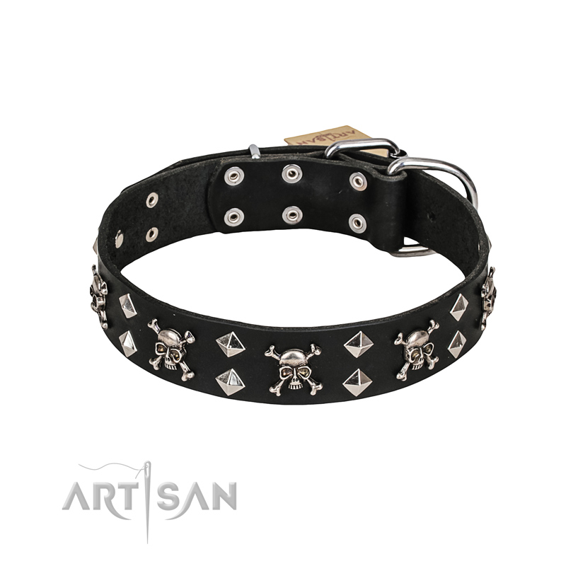 FDT Artisan 'Rock 'n' Roll Style' Fancy Leather Great Dane Collar with Skulls, Bones and Studs 1 1/2 inch (40 mm) wide
