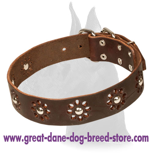 "Flower Blues" Punched Leather Collar for Great Dane Walking in Style