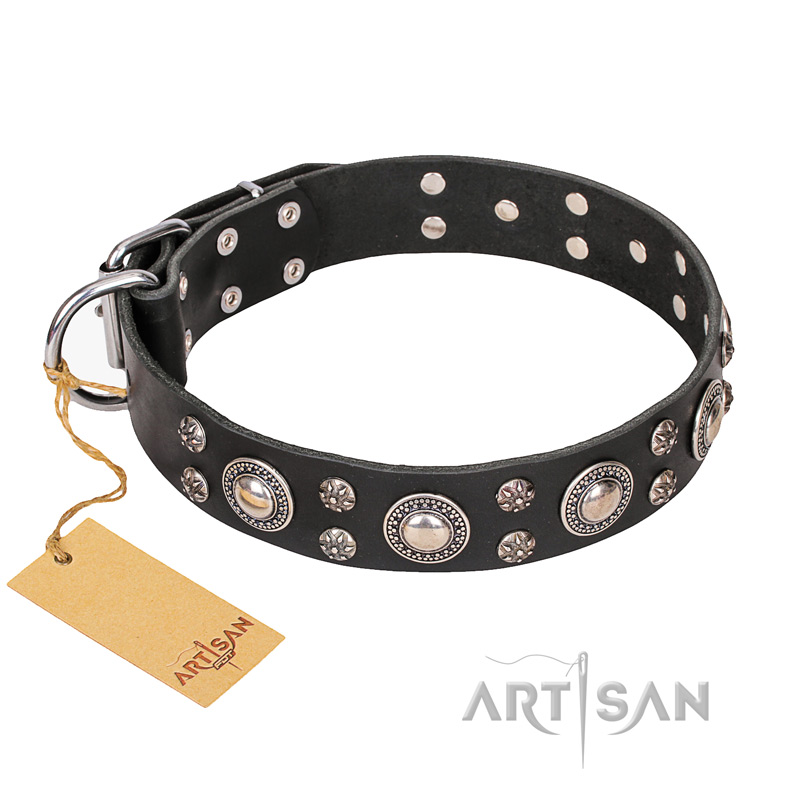 FDT Artisan 'Vintage Necklace' Studded Black Leather Great Dane Dog Collar - 1 1/2 inch (40mm) wide