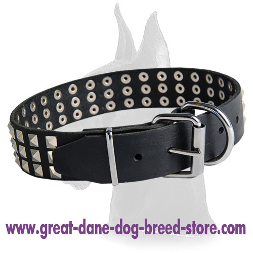 Wide 3 Rows Nickel Pyramids Leather Collar for Great Dane