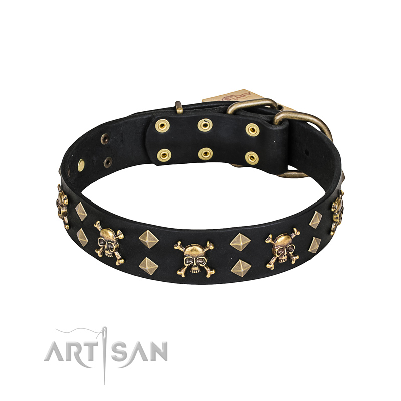 'Jolly Rojer' FDT Artisan Great Dane Leather Dog Collar with Pirate Skulls and Studs - 1 1/2 inch (40 mm) wide