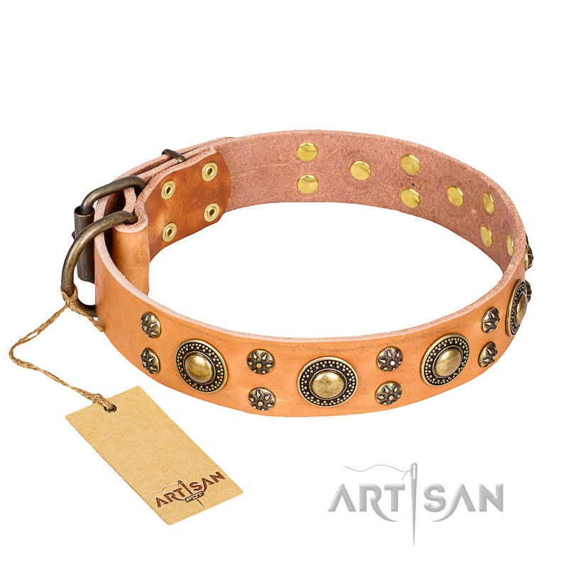 'Sophisticated Glamor' FDT Artisan Great Dane Tan Leather Dog Collar with Fancy Old-Bronze Plated Decorations
