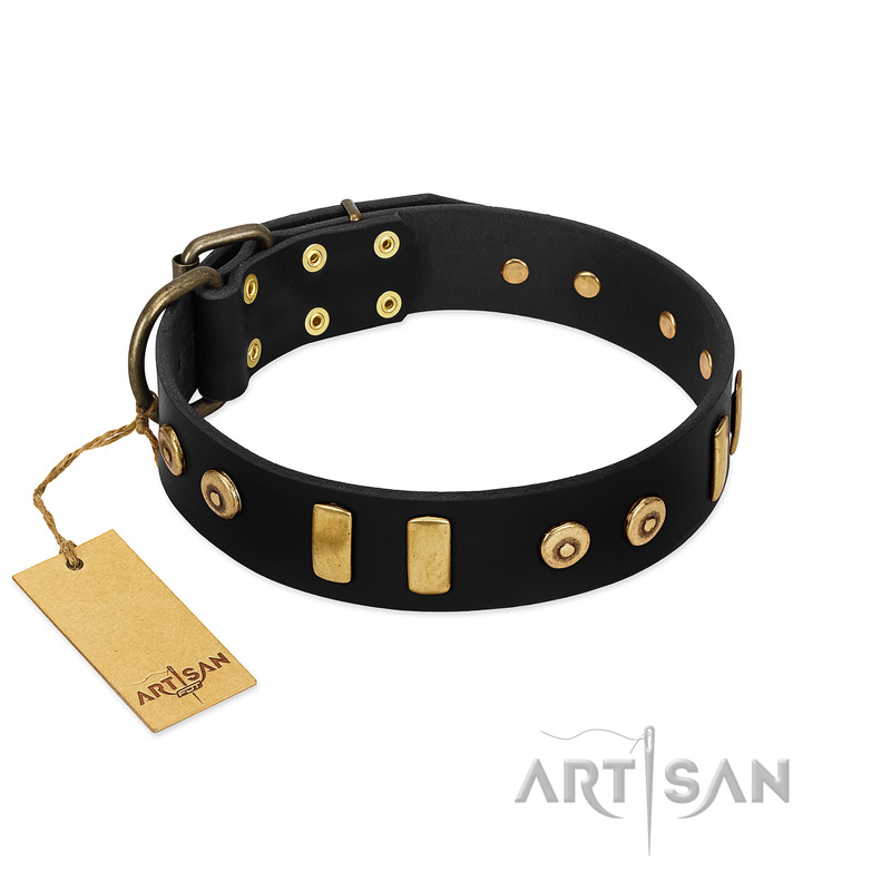 "Rare Dog" FDT Artisan Black Leather Great Dane Collar with Old Bronze-like Dotted Studs and Tiles - Click Image to Close