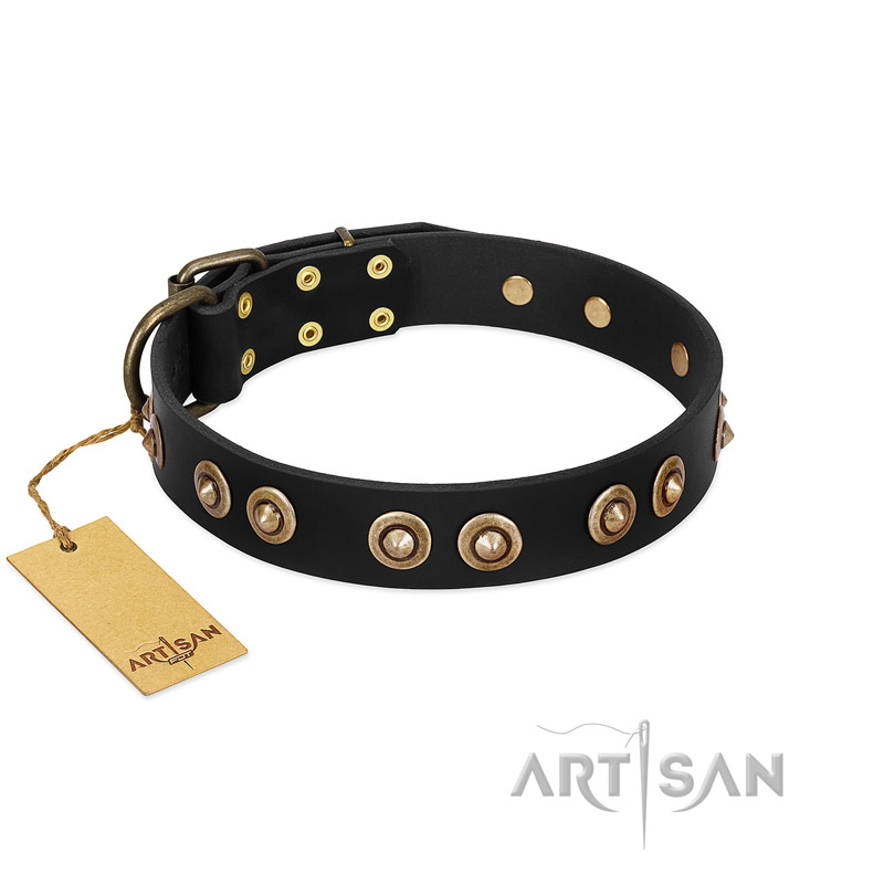 "Golden Artifact" FDT Artisan Black Leather Great Dane Collar with Old-bronze Covered Medallions