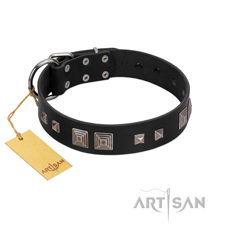 "Foregone Riches" FDT Artisan Black Leather Great Dane Collar with Old Silver-like Square Studs and Pyramids
