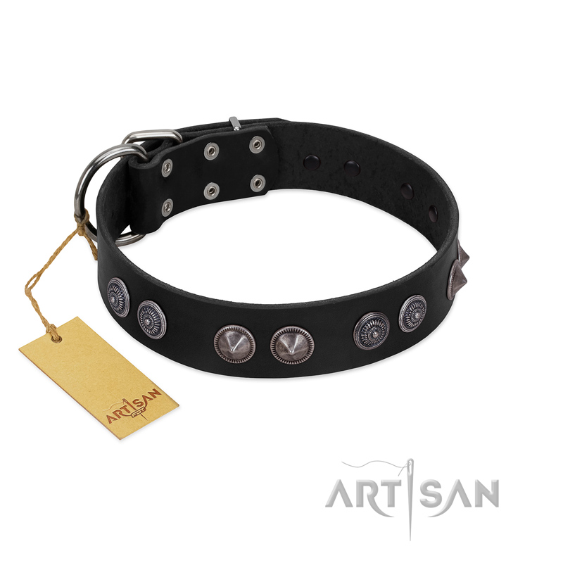 "Silver Medallions" Mod FDT Artisan Black Leather Great Dane Collar with Round Plates
