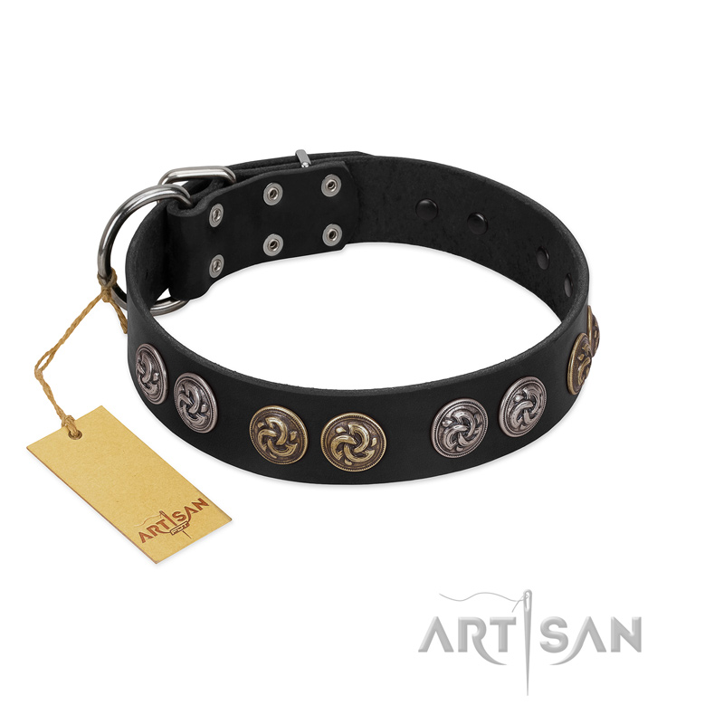 "Mister Exclusive" Designer FDT Artisan Black Leather Great Dane Collar with Medallions
