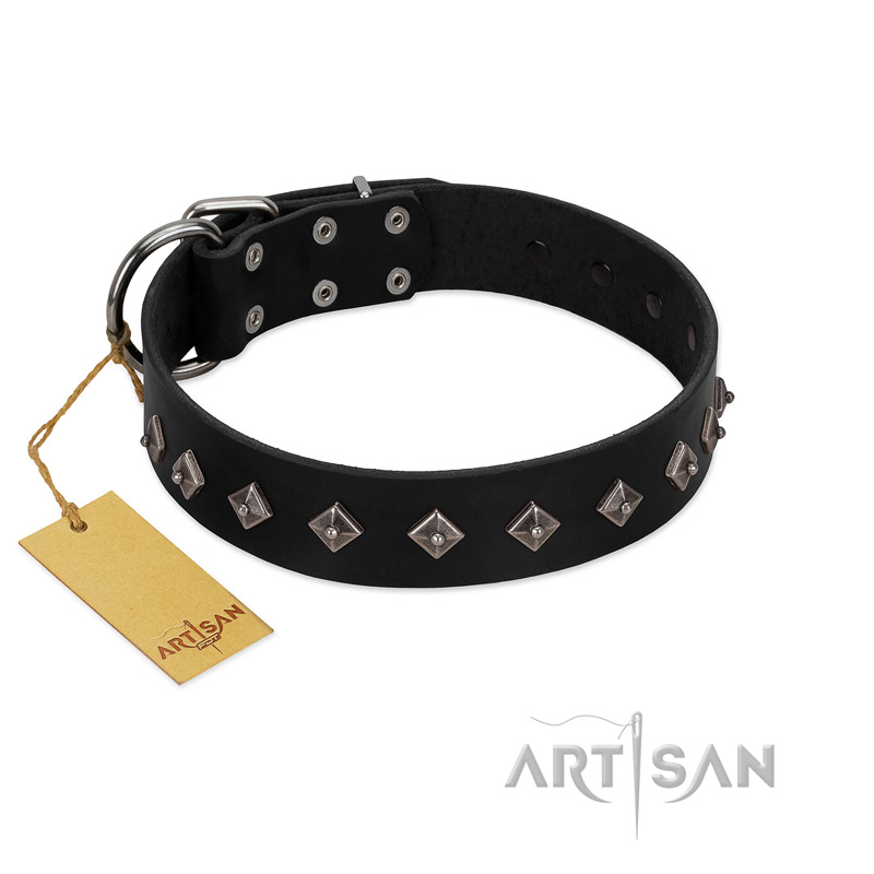 "Immense Power" Handcrafted FDT Artisan Black Leather Great Dane Collar with Small Dotted Pyramids - Click Image to Close