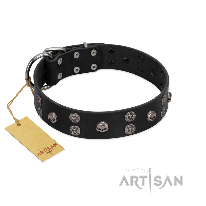 "Skull Art" Designer Handmade FDT Artisan Black Leather Great Dane Collar with Skulls