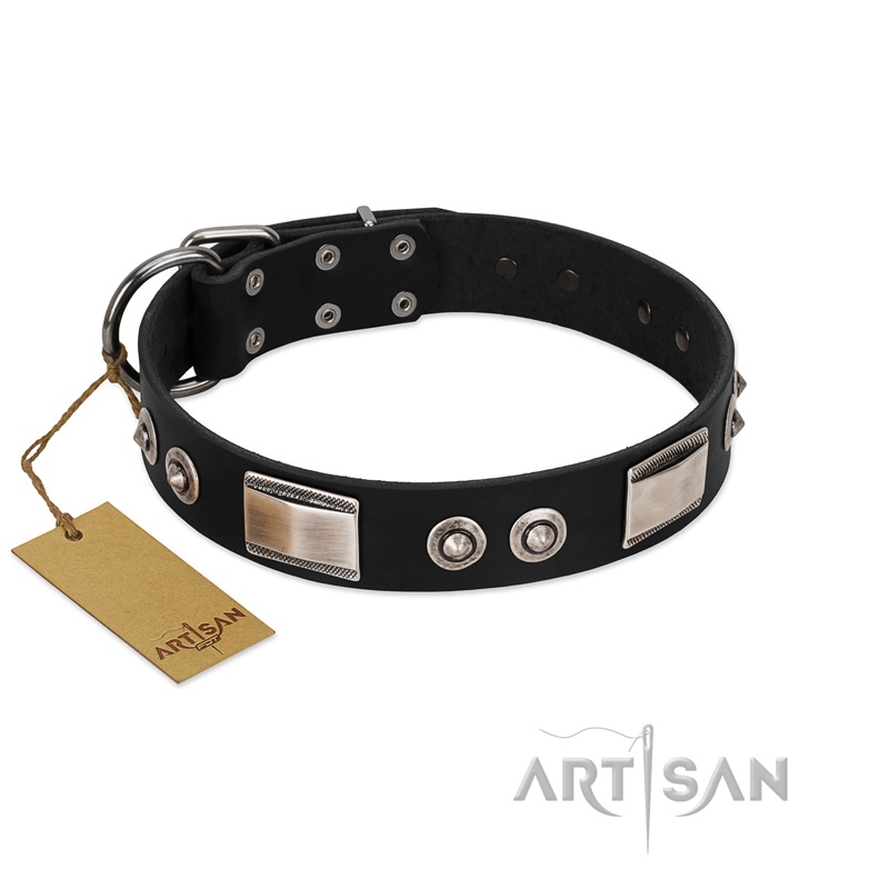 "Grand Wear" FDT Artisan Black Leather Great Dane Collar with Shining Plates and Spiked Studs