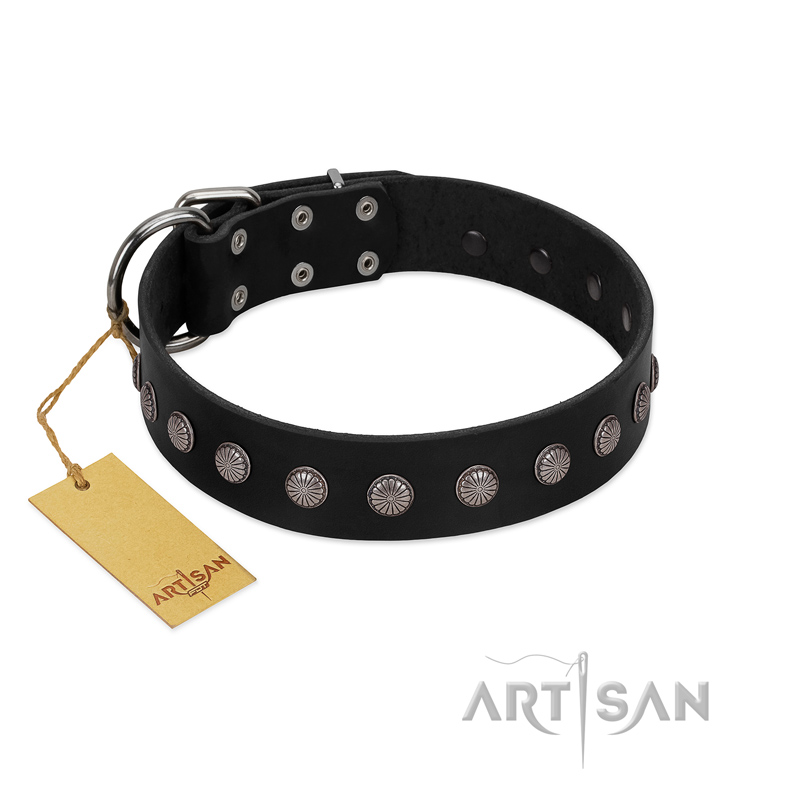 "Silver Flower" Exclusive FDT Artisan Black Leather Great Dane Collar with Silver-Like Studs - Click Image to Close