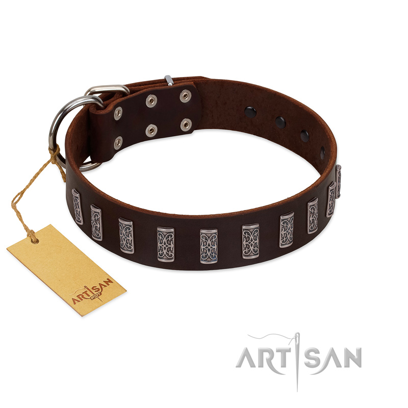 "Brown Lace" Handmade FDT Artisan Brown Leather Great Dane Collar for Everyday Walks