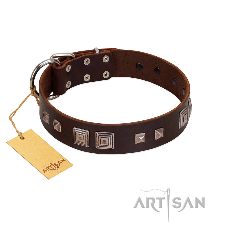 "Object of Virtu" FDT Artisan Brown Leather Great Dane Collar with Old Silver-like Square Studs and Pyramids