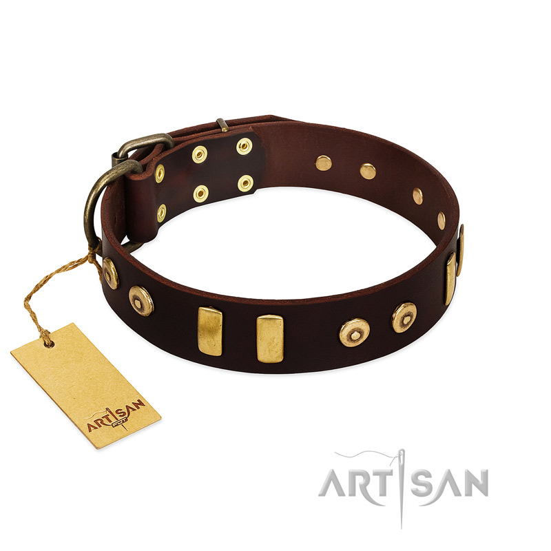 "Lord of Dogs" FDT Artisan Brown Leather Great Dane Collar with Old Bronze-like Dotted Studs and Tiles - Click Image to Close