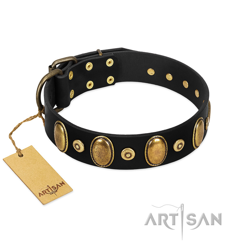 "Venerable Pawty" FDT Artisan Black Leather Great Dane Collar with Old Bronze-like Ovals and Studs