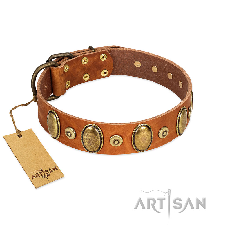 "Crystal Sand" FDT Artisan Tan Leather Great Dane Collar with Vintage Looking Oval and Round Studs