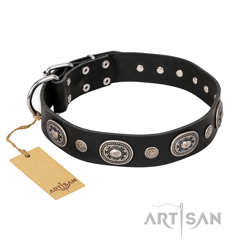 "Black Tie" FDT Artisan Leather Great Dane Collar with Old Silver-like Decorations - Click Image to Close