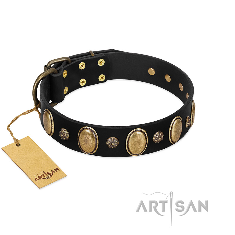 "Gilded Stones" FDT Artisan Black Leather Great Dane Collar with Old Bronze-like Ovals and Studs - 1 1/2 inch (40 mm) wide - Click Image to Close