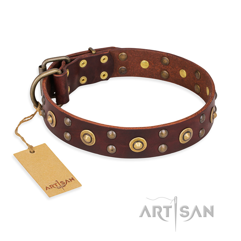 "Caprice of Fashion" FDT Artisan Brown Leather Great Dane Collar with Round Decorations - Click Image to Close