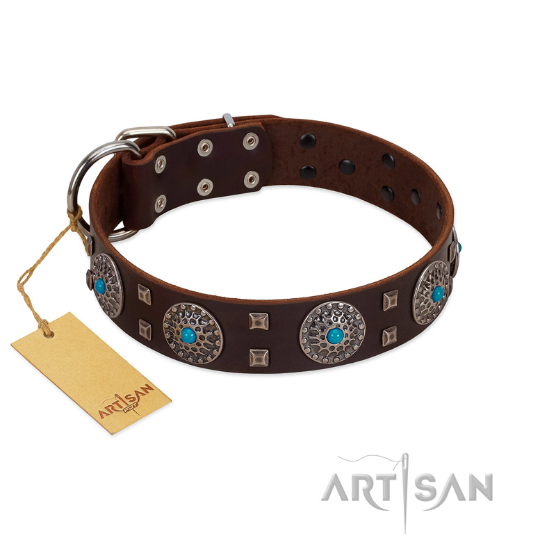 "Hypnotic Stones" FDT Artisan Brown Leather Great Dane Collar with Chrome Plated Brooches and Square Studs - Click Image to Close