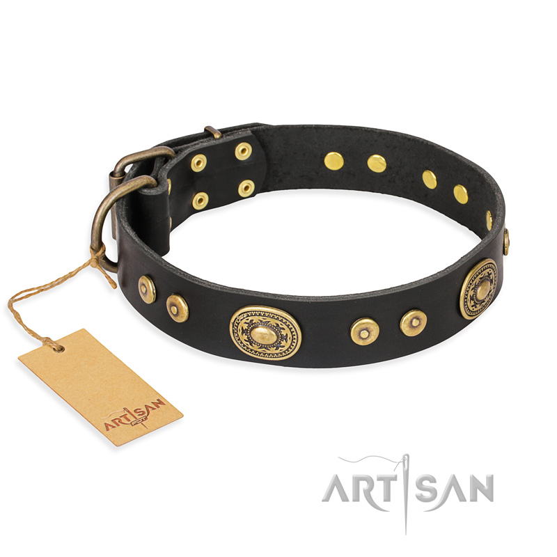 "Golden Radiance" FDT Artisan Black Leather Great Dane Collar with Old Bronze Look Ovals and Circles - Click Image to Close