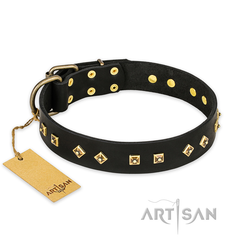 "Rhomb Style" FDT Artisan Decorated Leather Great Dane Collar with Old Bronze-Plated Studs 1 1/2 inch (40 mm) Wide