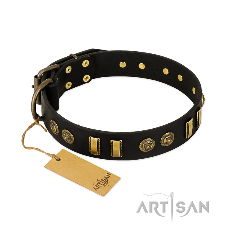 "Simple Elegance" FDT Artisan Black Leather Great Dane Collar with Old Bronze-like Plates and Circles - Click Image to Close