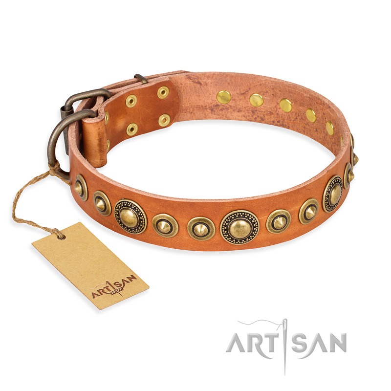 "Feast of Luxury" FDT Artisan Tan Leather Great Dane Collar with Old Bronze Look Circles