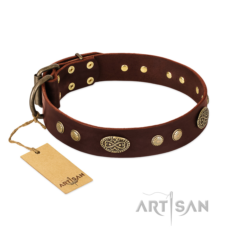 "Old-fashioned Glamor" FDT Artisan Brown Leather Great Dane Collar with Old Bronze Look Plates and Circles - Click Image to Close
