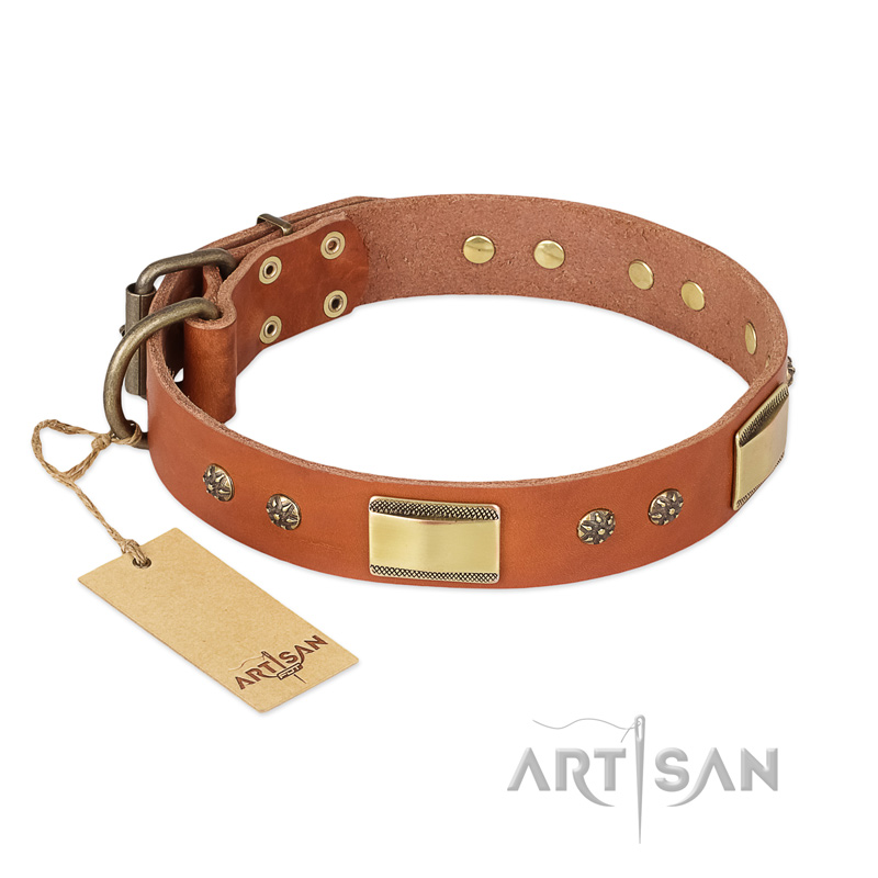 "Enchanting Spectacle" FDT Artisan Tan Leather Great Dane Collar with Old Bronze Look Plates and Round Studs